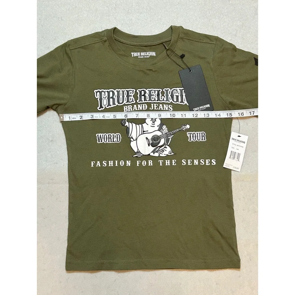 True Religion Boys Olive Green Buddha World Tour Graphic T-Shirt Size S 8 NWT